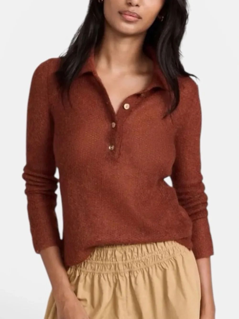 Vince NWT Mohair Polo Sweater Cinnamon Brown Fuzzy Lightweight Italy Yarn XS